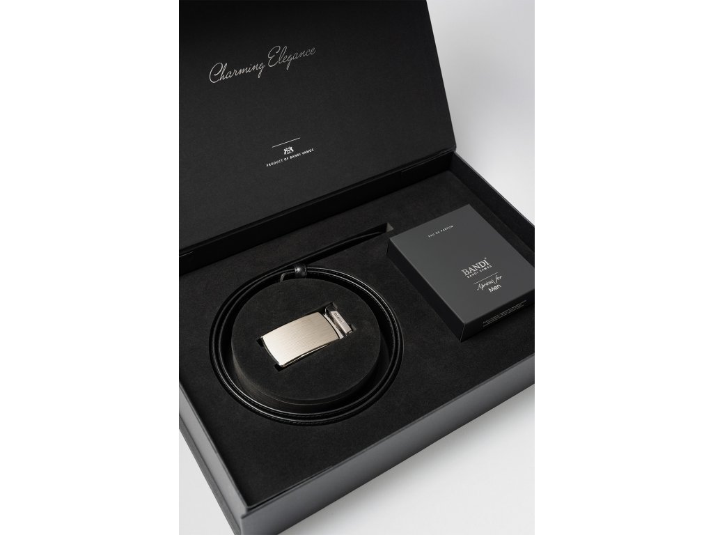 Luxusní dárková kazeta – Parfemová voda BANDI Aprimé For Men a opasek AUTOMAT 79 Nero