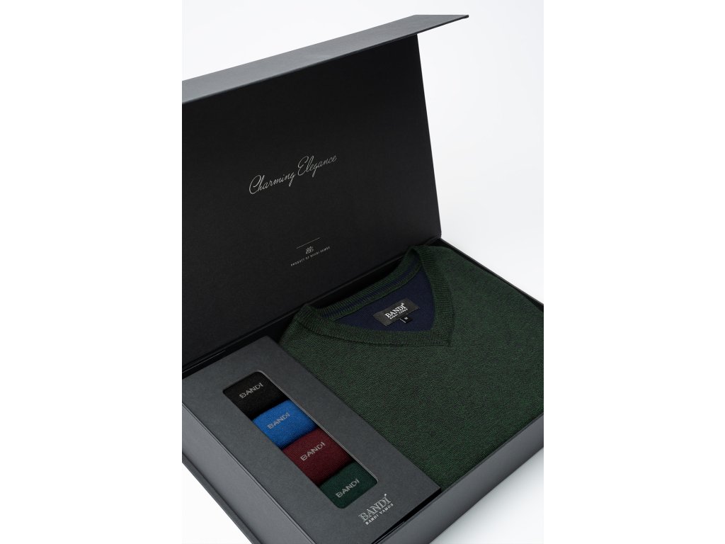 Set pánského svetru MARCELIO Emerald a ponožek v dárkovém boxu